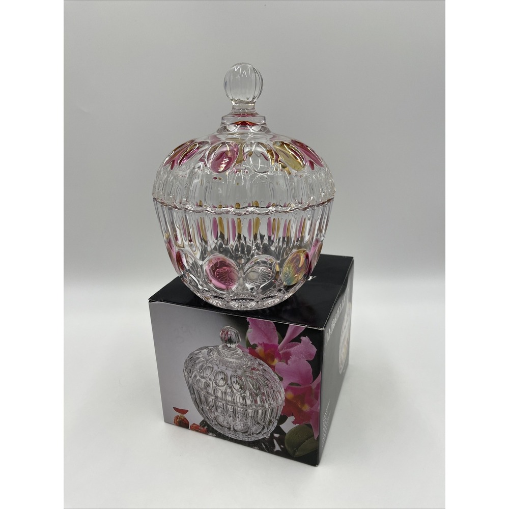 Soga Japan Crystal Lidded Candy Dish Amber Cranberry Glass Thumbprint Dots Vtg